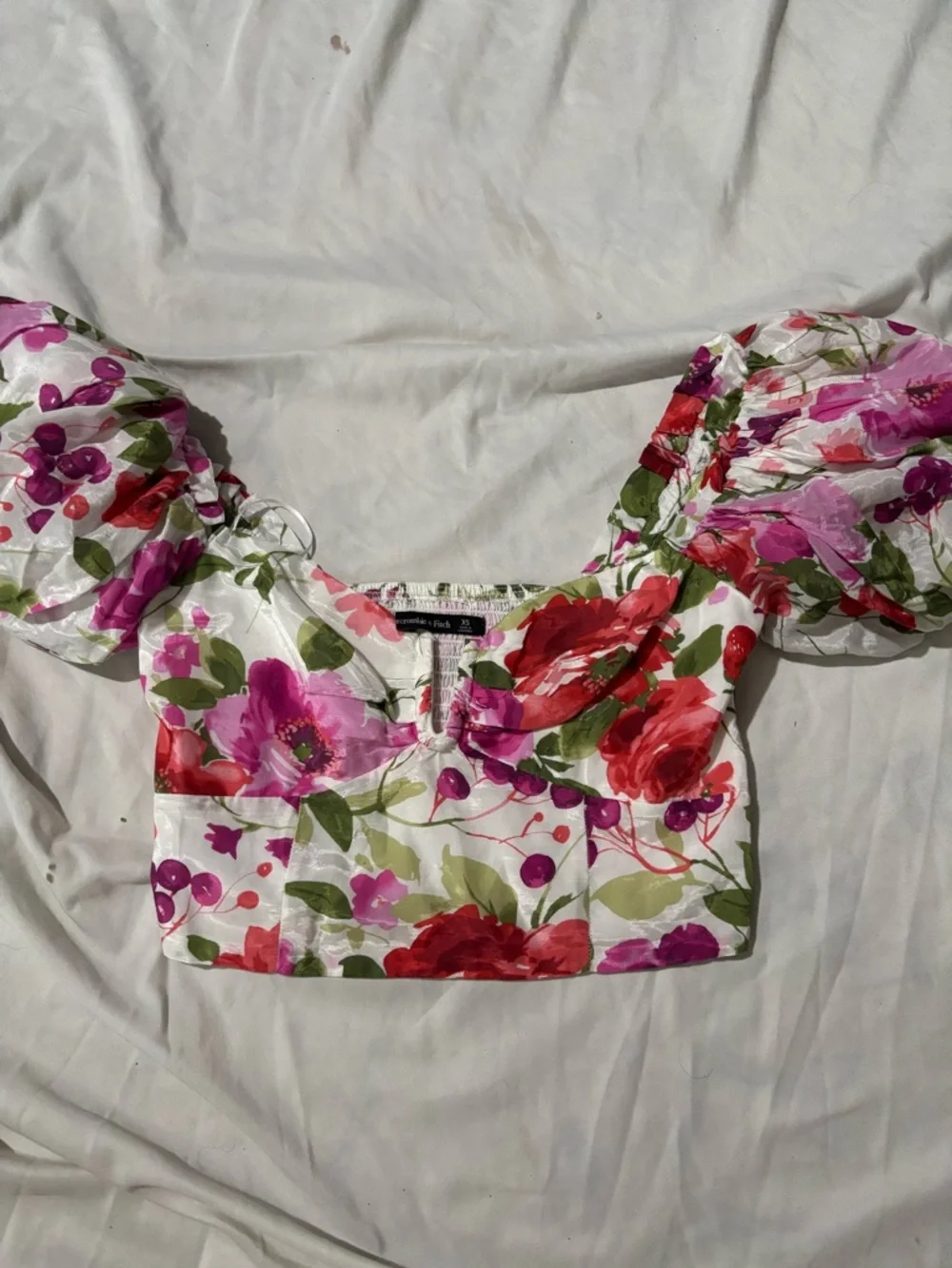Floral Puff-Sleeve Crop Top - Pink & Red - Picture 3 of 5